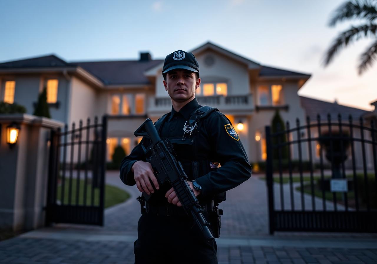 Armed security guard at estate entrance